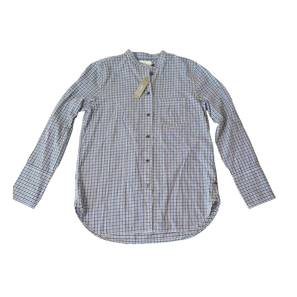 J.Crew Classic Fit Band Collar Gingham Shirt Blue Black BB226 Womens 4 NWT